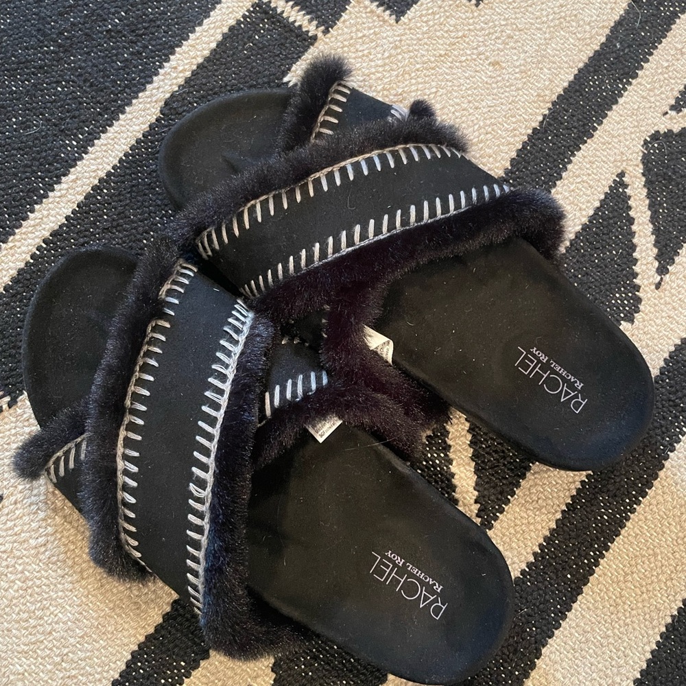 RACHEL Rachel Roy faux fur crisscross slides